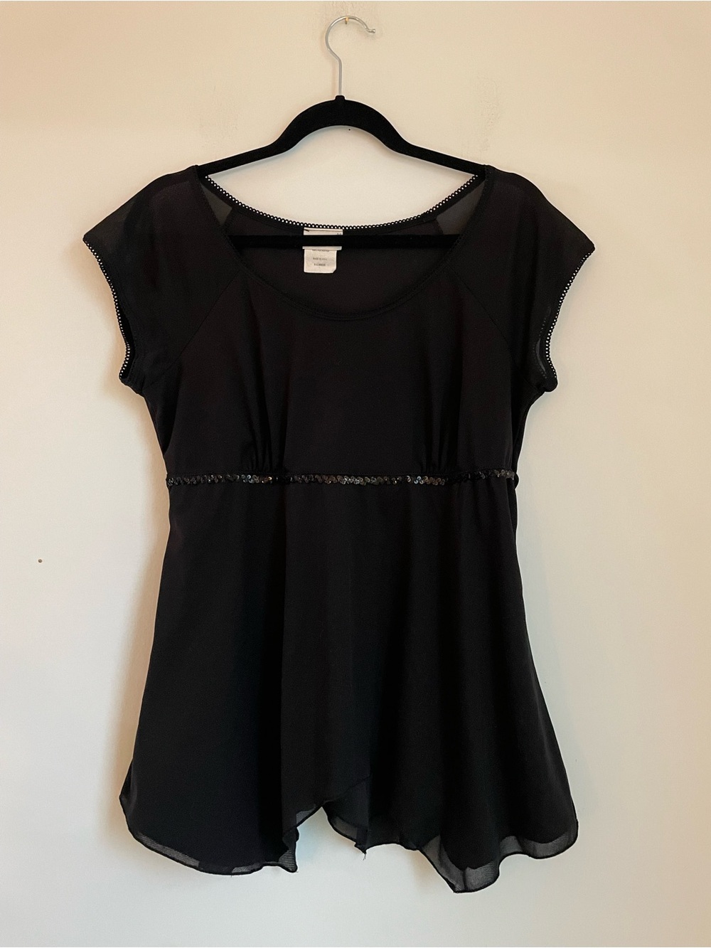 Vintage Y2K Fashion Bug Black Babydoll Top Sequin Tie Back Handkerchief Hem XL